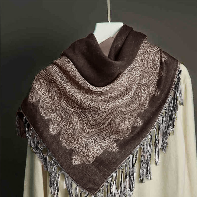 Buddha Stones Tibetan Cashew Jacquard Colorful Flower Print Tassels Shawl Fall Winter Soft Warm Scarf Wrap - SaddleBrown 190*70cm - image 0
