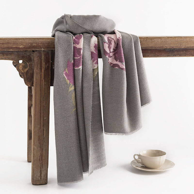 Buddha Stones Tibetan Purple Flowers Print Pattern Design Shawl Fall Winter Warm Travel Scarf Wrap - Gray 190*65cm - image 0