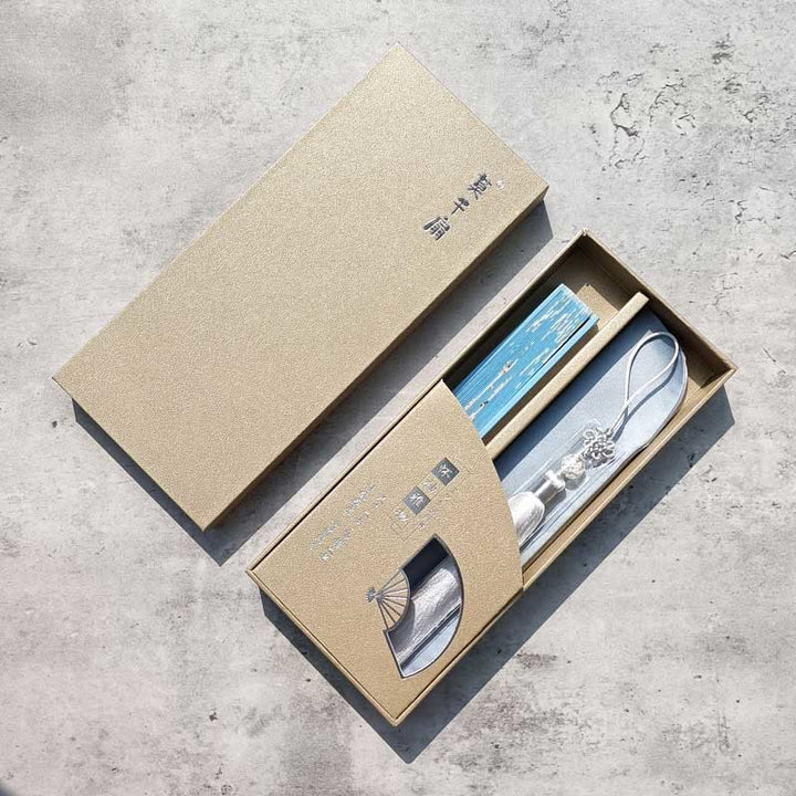 Buddha Stones Crane Plum Blossom Handheld Silk Bamboo Folding Fan - Blue Crane Plum Blossom 18cm - image 8