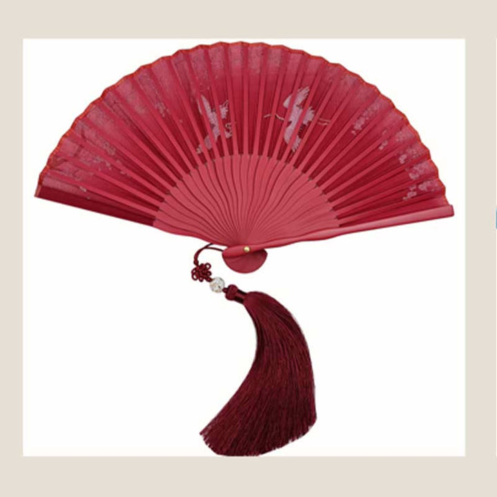 Buddha Stones Crane Plum Blossom Handheld Silk Bamboo Folding Fan - image 15