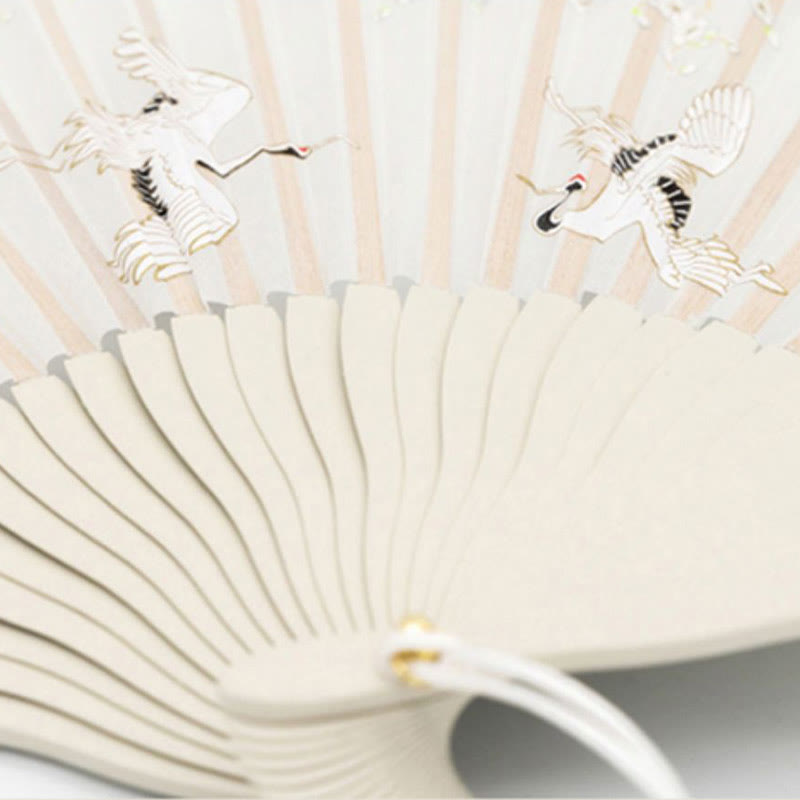 Buddha Stones Crane Plum Blossom Handheld Silk Bamboo Folding Fan - image 6