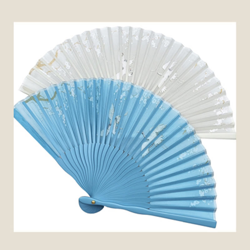 Buddha Stones Crane Plum Blossom Handheld Silk Bamboo Folding Fan - image 13