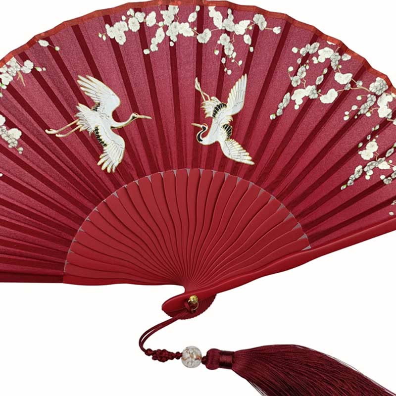 Buddha Stones Crane Plum Blossom Handheld Silk Bamboo Folding Fan - image 16