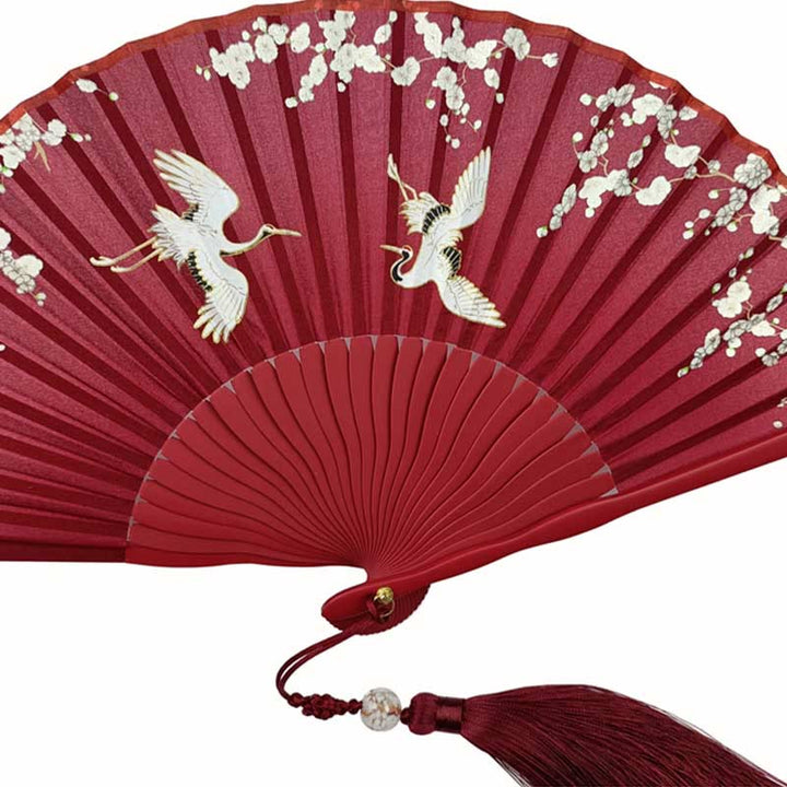 Buddha Stones Crane Plum Blossom Handheld Silk Bamboo Folding Fan - image 16