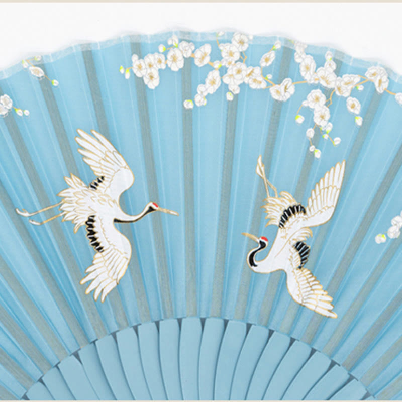 Buddha Stones Crane Plum Blossom Handheld Silk Bamboo Folding Fan - image 10