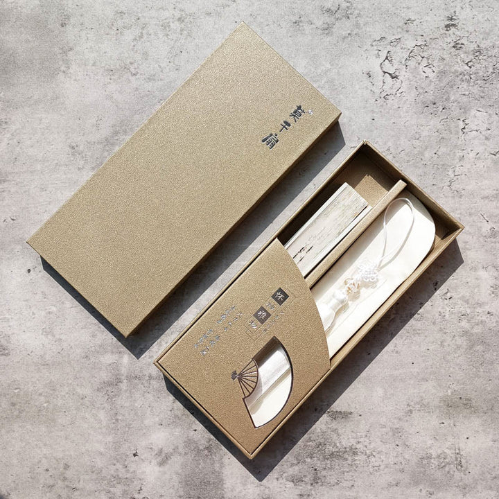 Buddha Stones Crane Plum Blossom Handheld Silk Bamboo Folding Fan - White Crane Plum Blossom 18cm - image 3