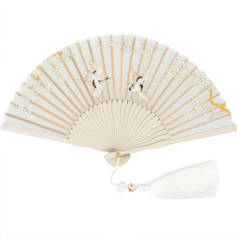 Buddha Stones Crane Plum Blossom Handheld Silk Bamboo Folding Fan - image 4