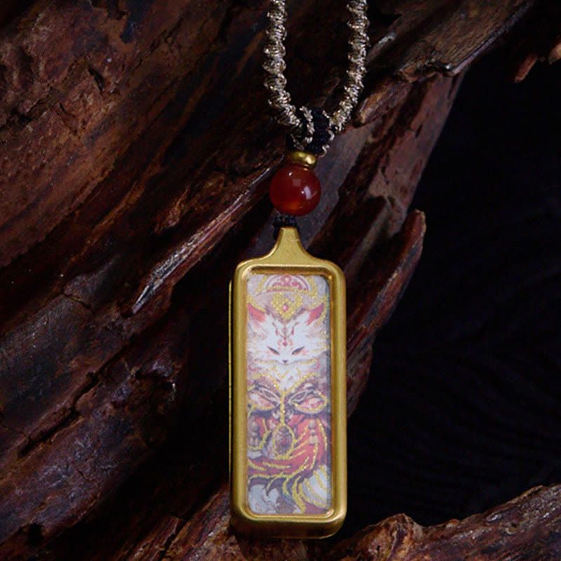 Buddha Stones Tibet Zakiram Yellow God of Wealth Nine Tailed Fox Hand-Painted Thangka Calm Necklace Pendant - Nine-Tailed Fox - image 8