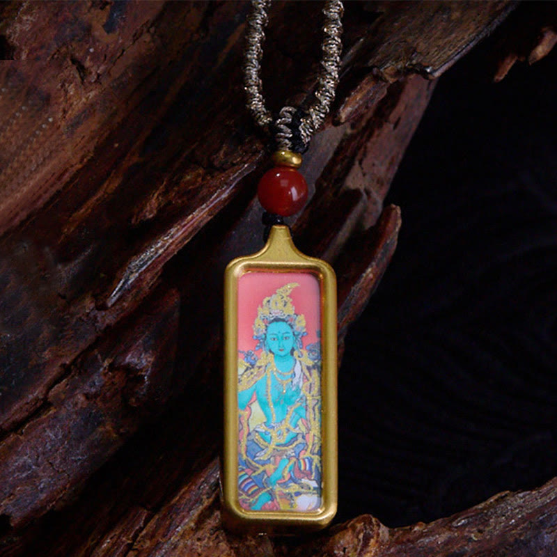 Buddha Stones Tibet Zakiram Yellow God of Wealth Nine Tailed Fox Hand-Painted Thangka Calm Necklace Pendant - Green Tara - image 10