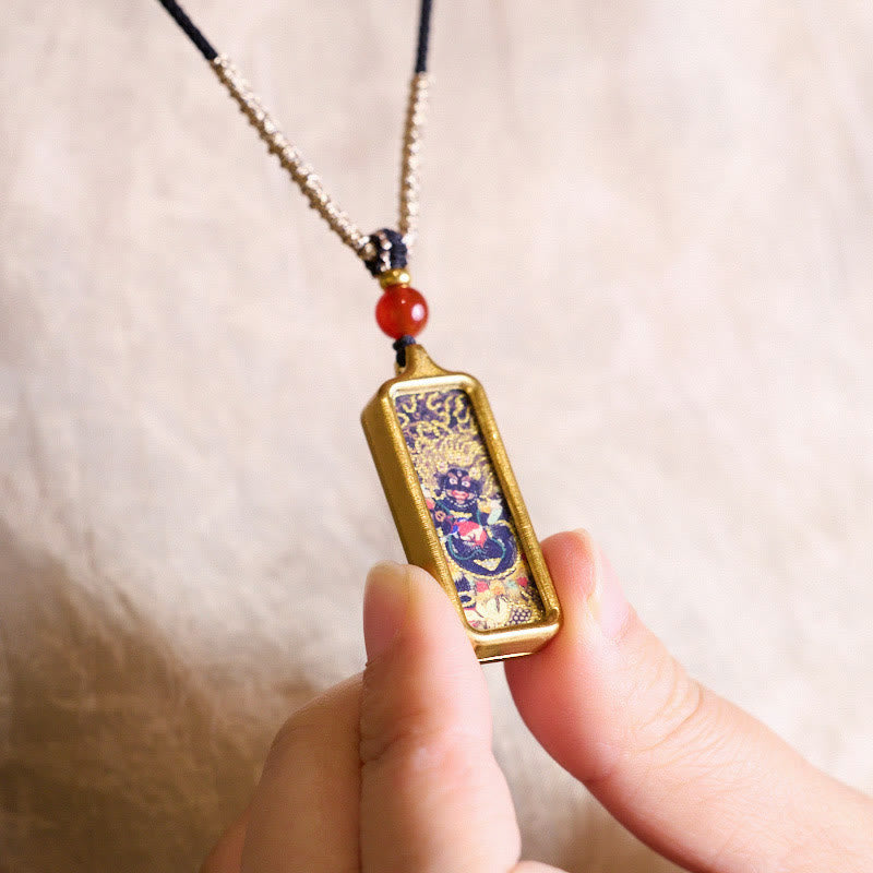 Buddha Stones Tibet Zakiram Yellow God of Wealth Nine Tailed Fox Hand-Painted Thangka Calm Necklace Pendant - image 5