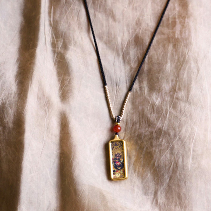 Buddha Stones Tibet Zakiram Yellow God of Wealth Nine Tailed Fox Hand-Painted Thangka Calm Necklace Pendant - image 6