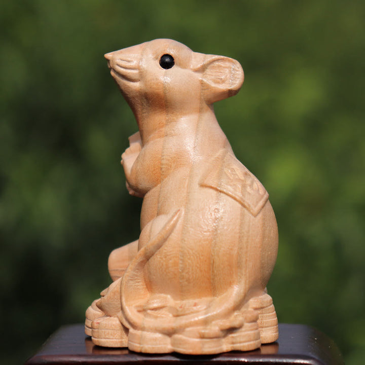 Buddha Stones Year Of The Snake Chinese Zodiac Fu Character Peach Wood Home Statue Decoration - Rat For Wealth - Height 11.5cm - image 3