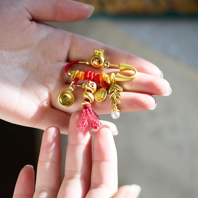 Buddha Stones Copper Year Of The Snake Tassels String Spike Fu Bowl Lucky Fortune Bag Brooch - image 3