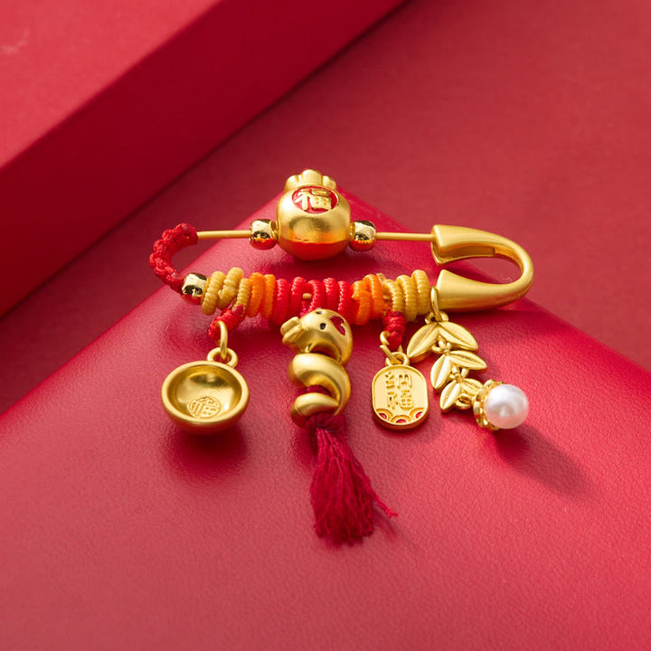 Buddha Stones Copper Year Of The Snake Tassels String Spike Fu Bowl Lucky Fortune Bag Brooch - Copper Alloy Snake Fu Bag - image 0