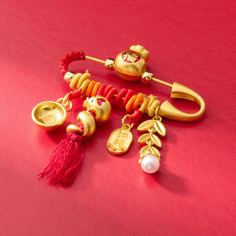 Buddha Stones Copper Year Of The Snake Tassels String Spike Fu Bowl Lucky Fortune Bag Brooch - image 1