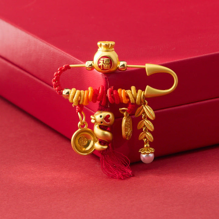 Buddha Stones Copper Year Of The Snake Tassels String Spike Fu Bowl Lucky Fortune Bag Brooch - image 2