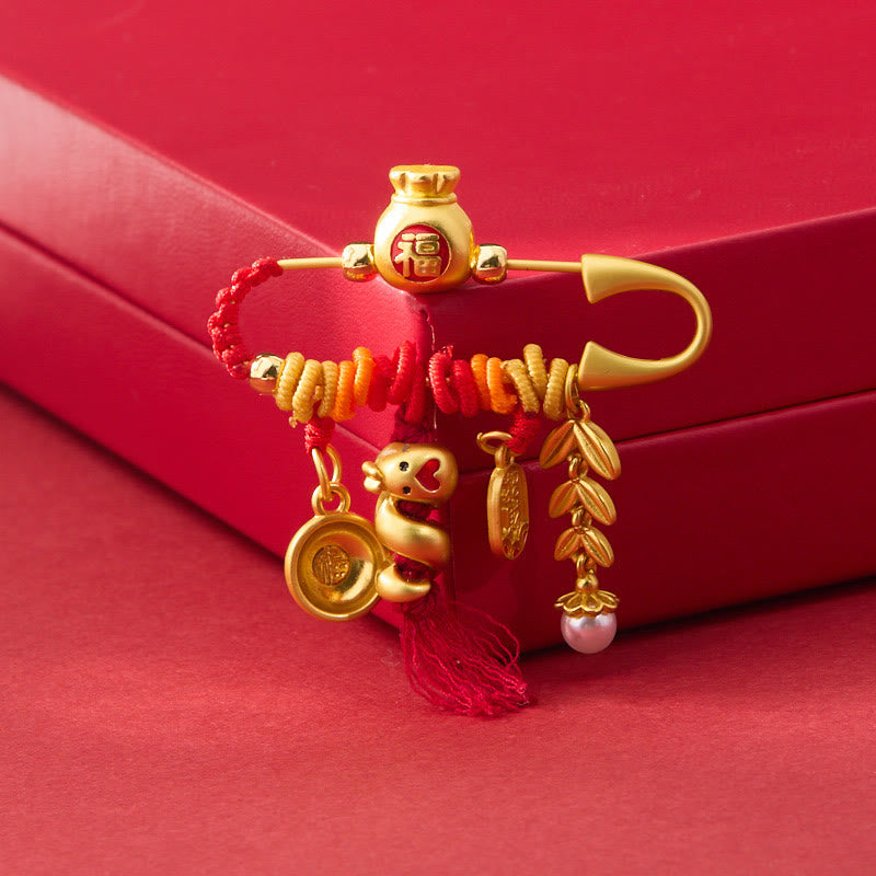 Buddha Stones Copper Year Of The Snake Tassels String Spike Fu Bowl Lucky Fortune Bag Brooch - image 2