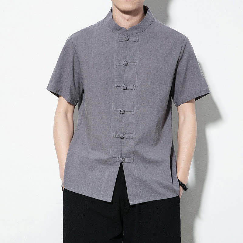 Buddha Stones Casual Solid Color Front Frog Buttons Chinese Tang Suit Short Sleeve Linen Men's Shirt - Gray - US/UK/AU46,EU56 (5XL) - image 22