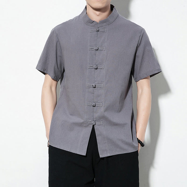 Buddha Stones Casual Solid Color Front Frog Buttons Chinese Tang Suit Short Sleeve Linen Men's Shirt - Gray - US/UK/AU46,EU56 (5XL) - image 22