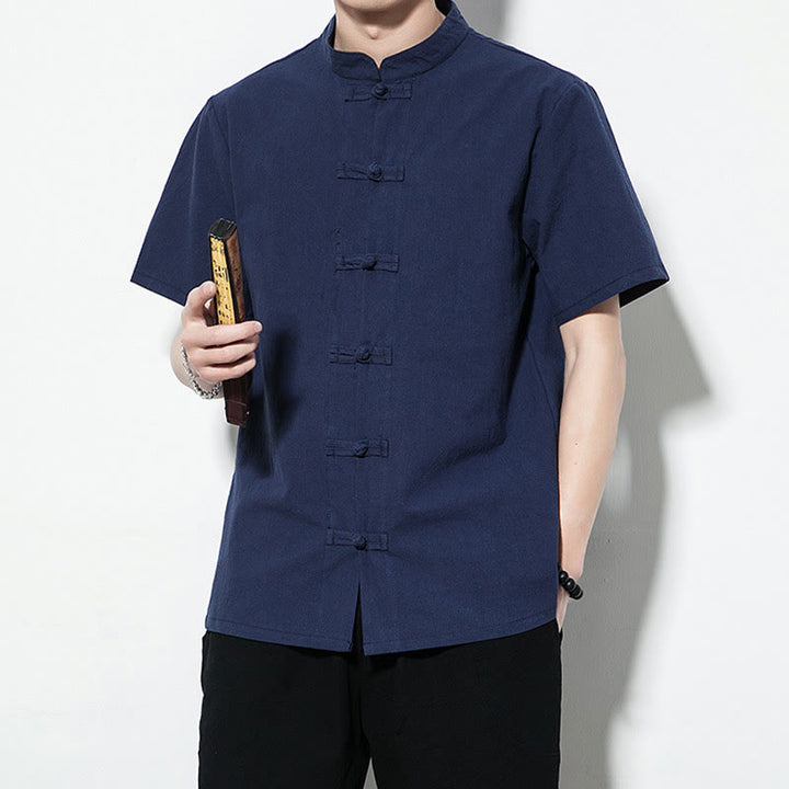 Buddha Stones Casual Solid Color Front Frog Buttons Chinese Tang Suit Short Sleeve Linen Men's Shirt - image 7