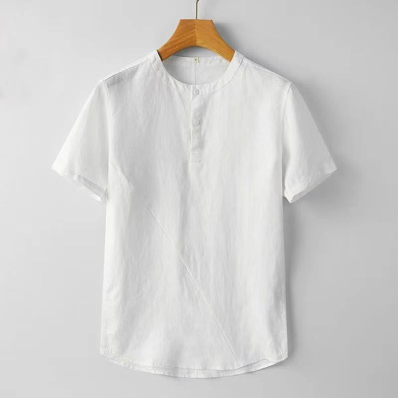 Buddha Stones Solid Color Short Sleeve Two Top Buttons Cotton Linen Men's Shirt - White - US/UK/AU44,EU54 (4XL) - image 2