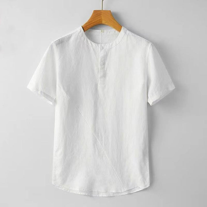 Buddha Stones Solid Color Short Sleeve Two Top Buttons Cotton Linen Men's Shirt - White - US/UK/AU44,EU54 (4XL) - image 2