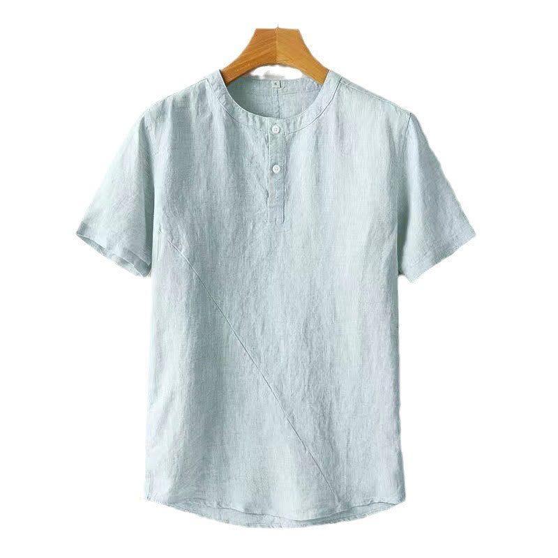 Buddha Stones Solid Color Short Sleeve Two Top Buttons Cotton Linen Men's Shirt - image 9