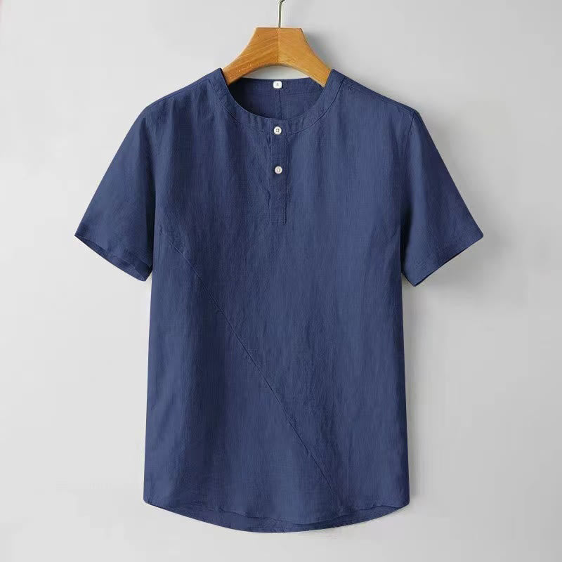 Buddha Stones Solid Color Short Sleeve Two Top Buttons Cotton Linen Men's Shirt - DarkBlue - US/UK/AU44,EU54 (4XL) - image 0