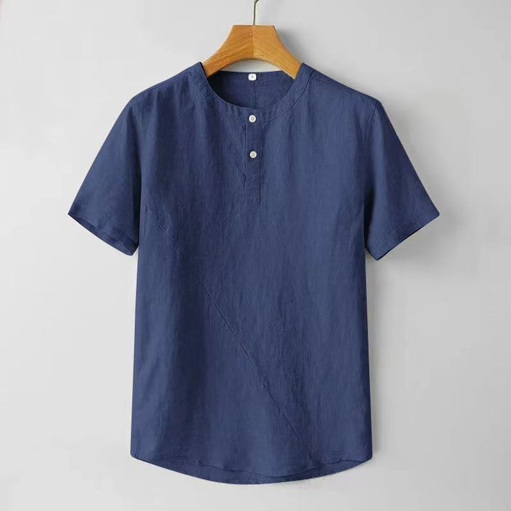 Buddha Stones Solid Color Short Sleeve Two Top Buttons Cotton Linen Men's Shirt - DarkBlue - US/UK/AU44,EU54 (4XL) - image 0