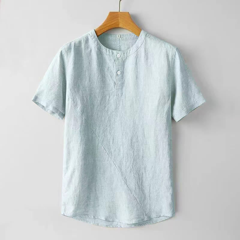 Buddha Stones Solid Color Short Sleeve Two Top Buttons Cotton Linen Men's Shirt - LightBlue - US/UK/AU44,EU54 (4XL) - image 8