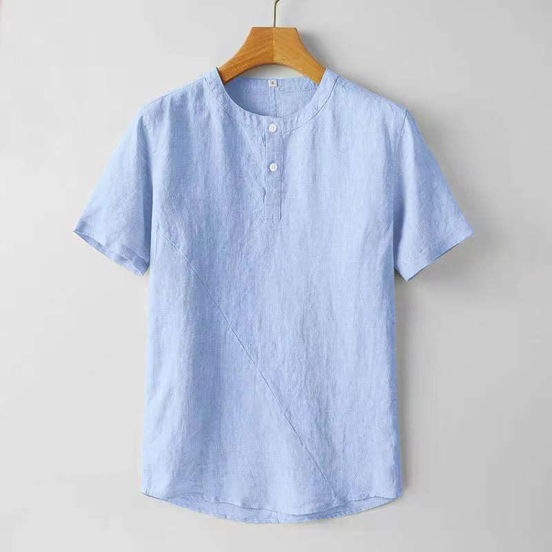 Buddha Stones Solid Color Short Sleeve Two Top Buttons Cotton Linen Men's Shirt - LightSkyBlue - US/UK/AU44,EU54 (4XL) - image 7