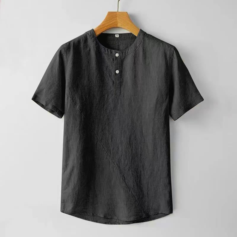 Buddha Stones Solid Color Short Sleeve Two Top Buttons Cotton Linen Men's Shirt - Black - US/UK/AU44,EU54 (4XL) - image 4