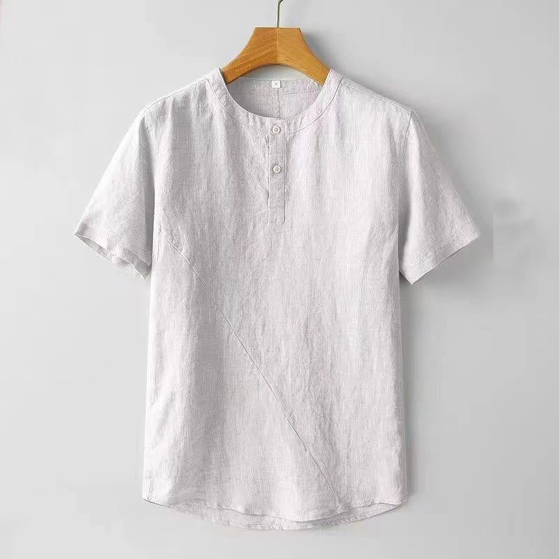 Buddha Stones Solid Color Short Sleeve Two Top Buttons Cotton Linen Men's Shirt - WhiteSmoke - US/UK/AU44,EU54 (4XL) - image 3