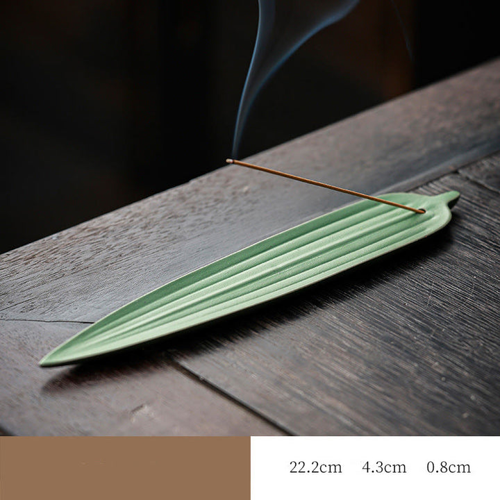 Buddha Stones Green Bamboo Leaf Healing Ceramic Incense Burner Decoration - Light Green 22.2*4.3*0.8cm - image 9