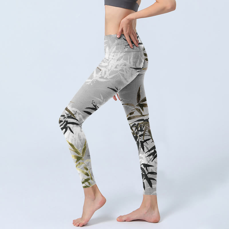 Buddha Stones Dark Gray Bamboo Leaves Print Gym Leggings Women's Yoga Pants - image 2