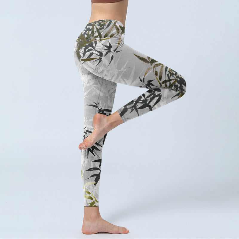 Buddha Stones Dark Gray Bamboo Leaves Print Gym Leggings Women's Yoga Pants - image 3