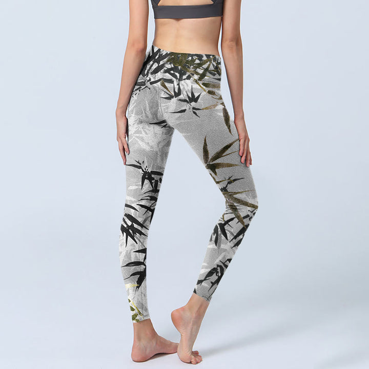 Buddha Stones Dark Gray Bamboo Leaves Print Gym Leggings Women's Yoga Pants - image 4