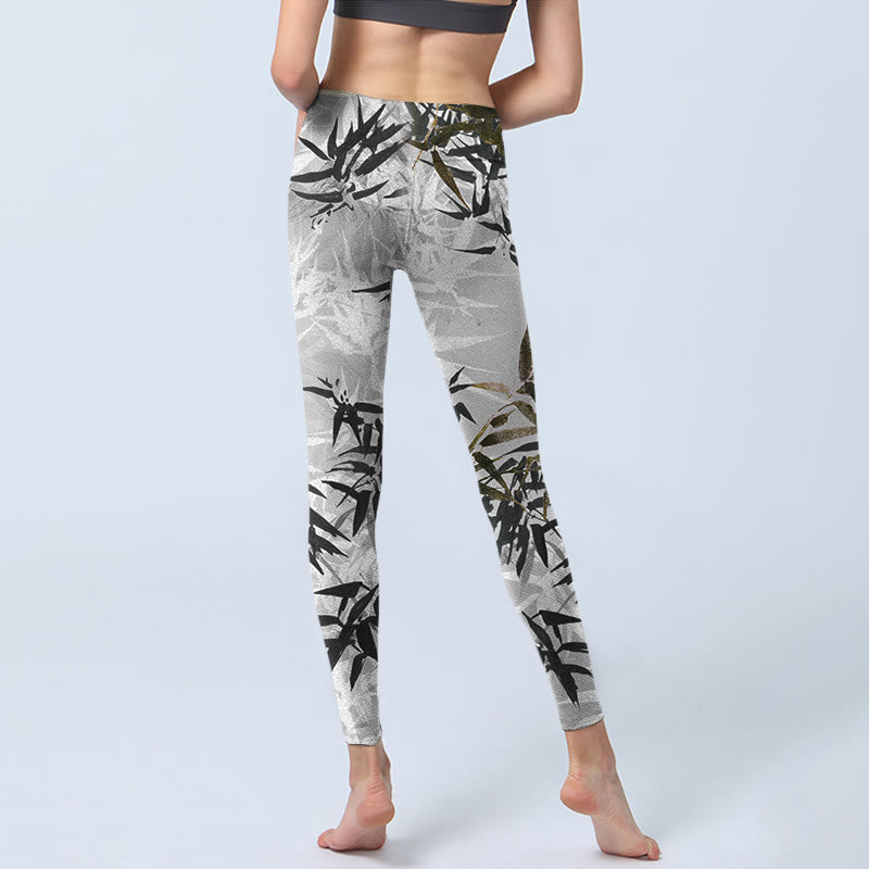 Buddha Stones Dark Gray Bamboo Leaves Print Gym Leggings Women's Yoga Pants - image 6