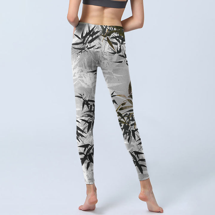 Buddha Stones Dark Gray Bamboo Leaves Print Gym Leggings Women's Yoga Pants - image 6