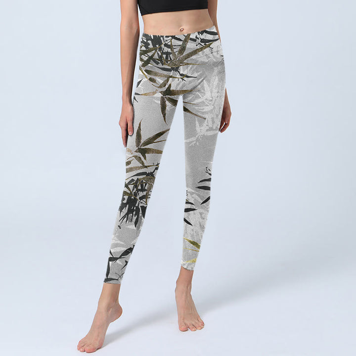 Buddha Stones Dark Gray Bamboo Leaves Print Gym Leggings Women's Yoga Pants - image 5