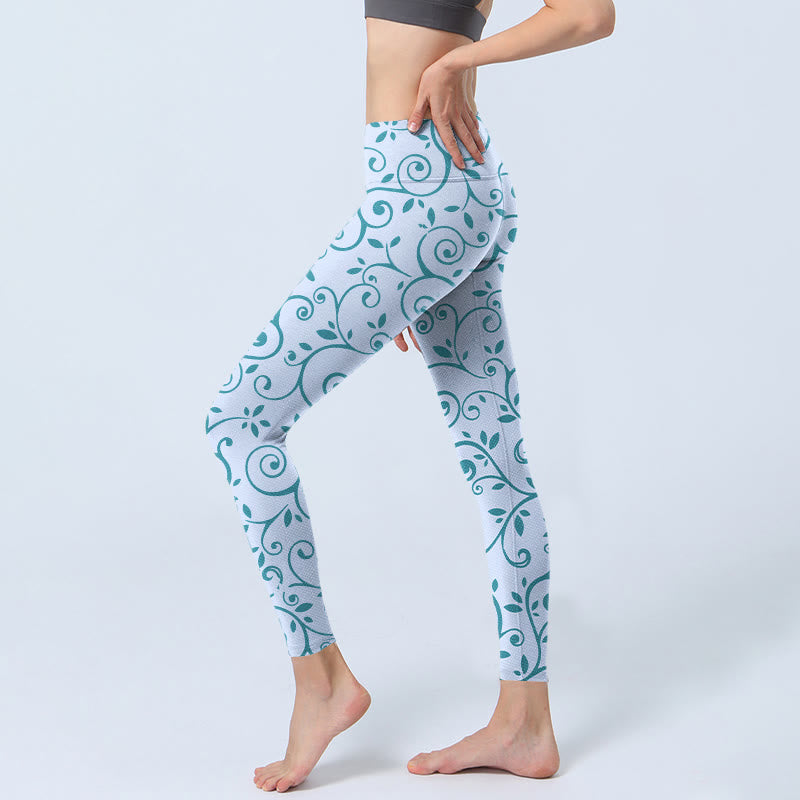 Buddha Stones Blue Vine Leaves Print Gym Leggings Women's Yoga Pants - image 2