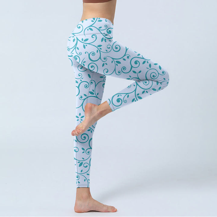 Buddha Stones Blue Vine Leaves Print Gym Leggings Women's Yoga Pants - image 4