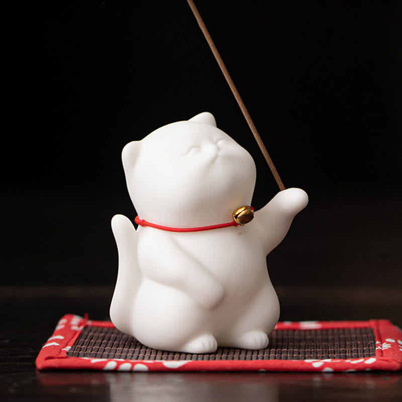 Buddha Stones Cat Bell Bamboo Mat Healing Ceramic Incense Burner Desk Decoration - image 6