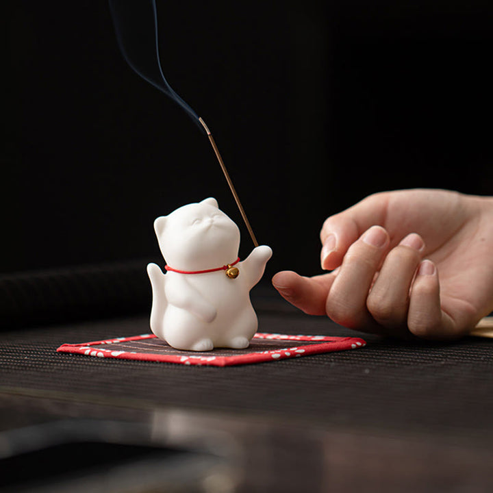 Buddha Stones Cat Bell Bamboo Mat Healing Ceramic Incense Burner Desk Decoration - image 1
