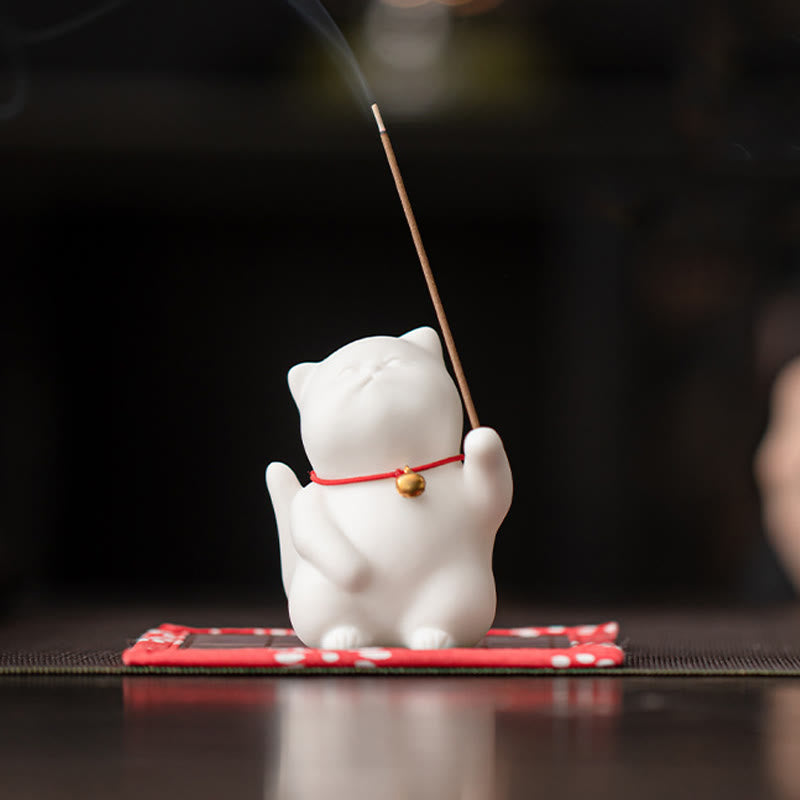 Buddha Stones Cat Bell Bamboo Mat Healing Ceramic Incense Burner Desk Decoration - Cat Bell Bamboo Mat 6.8*4.7*5cm - image 0