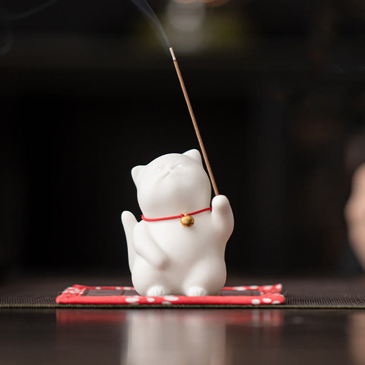 Buddha Stones Cat Bell Bamboo Mat Healing Ceramic Incense Burner Desk Decoration - Cat Bell Bamboo Mat 6.8*4.7*5cm - image 0