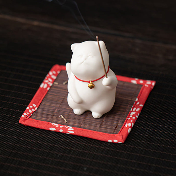 Buddha Stones Cat Bell Bamboo Mat Healing Ceramic Incense Burner Desk Decoration - image 3