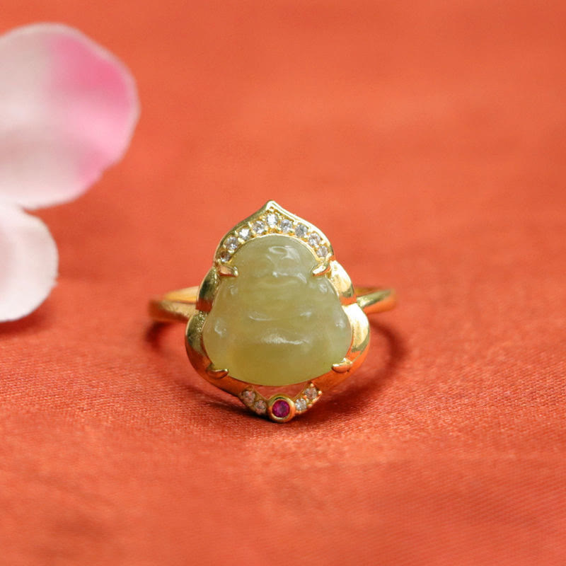 Buddha Stones Natural Hetian Jade Egg Gourd Copper Laughing Buddha Open Luck Ring - image 4