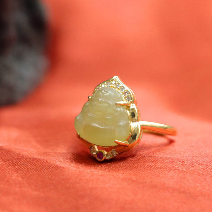Buddha Stones Natural Hetian Jade Egg Gourd Copper Laughing Buddha Open Luck Ring - image 8