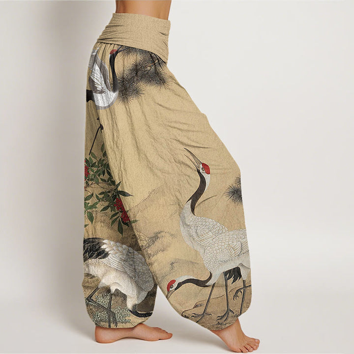 Buddha Stones Casual Red-crowned Crane Pine Tree Mountain Women's Elastic Waist Harem Pants - image 1